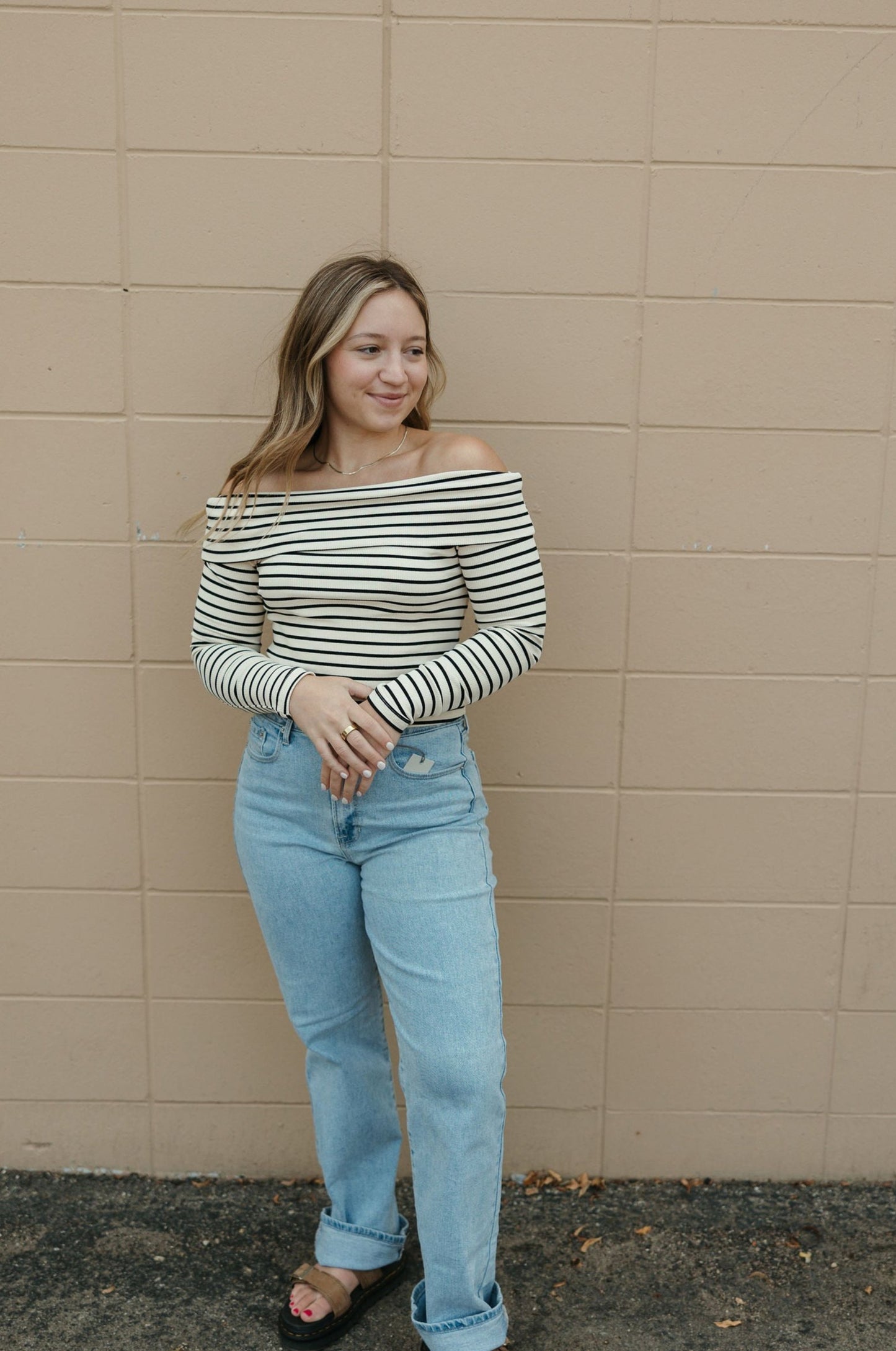 Stripe Ribbed Off Shoulder Top