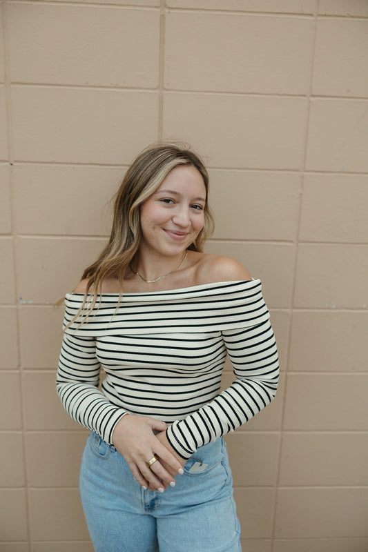 Stripe Ribbed Off Shoulder Top