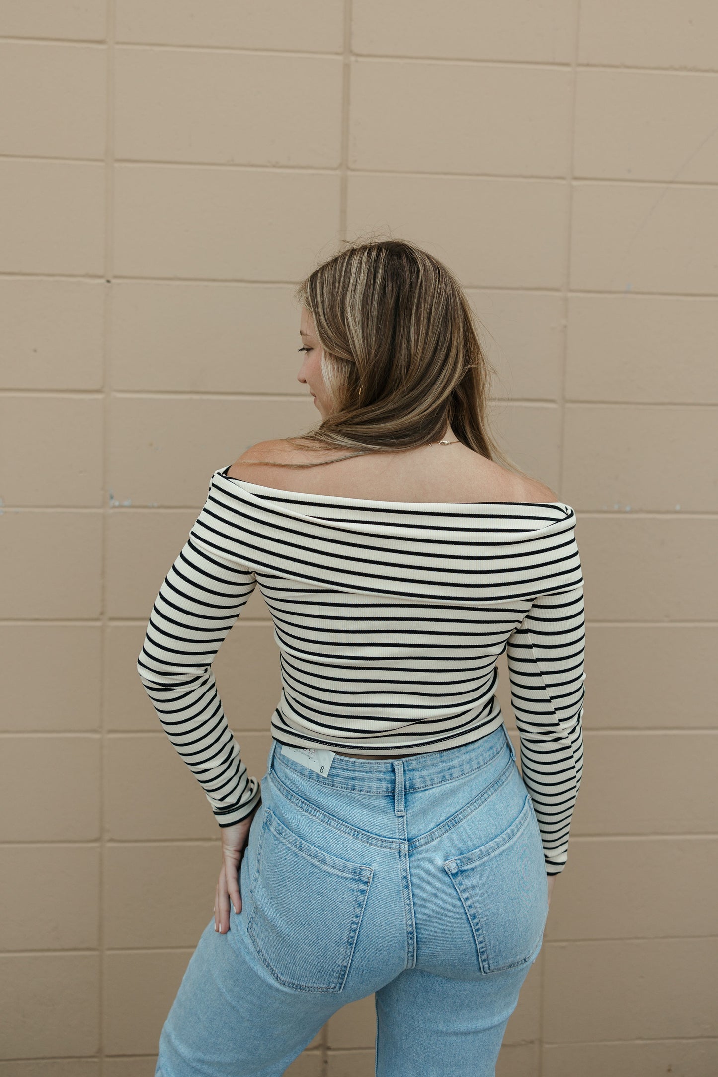 Stripe Ribbed Off Shoulder Top