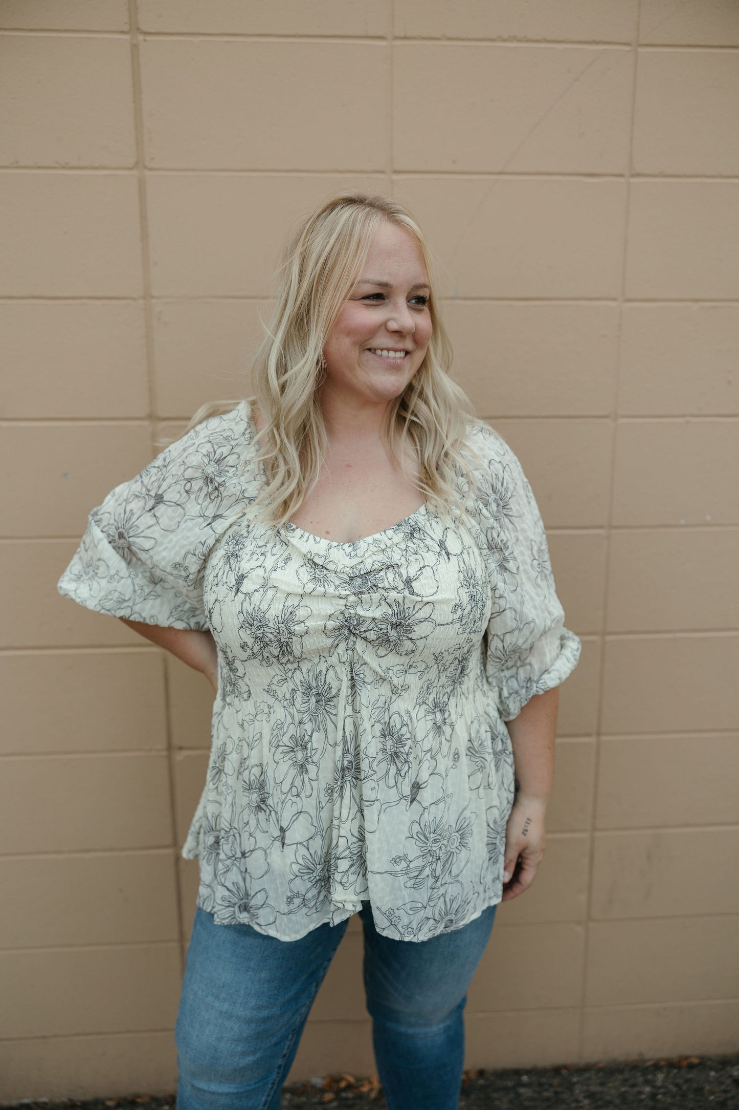 Grey Floral Smocked Top