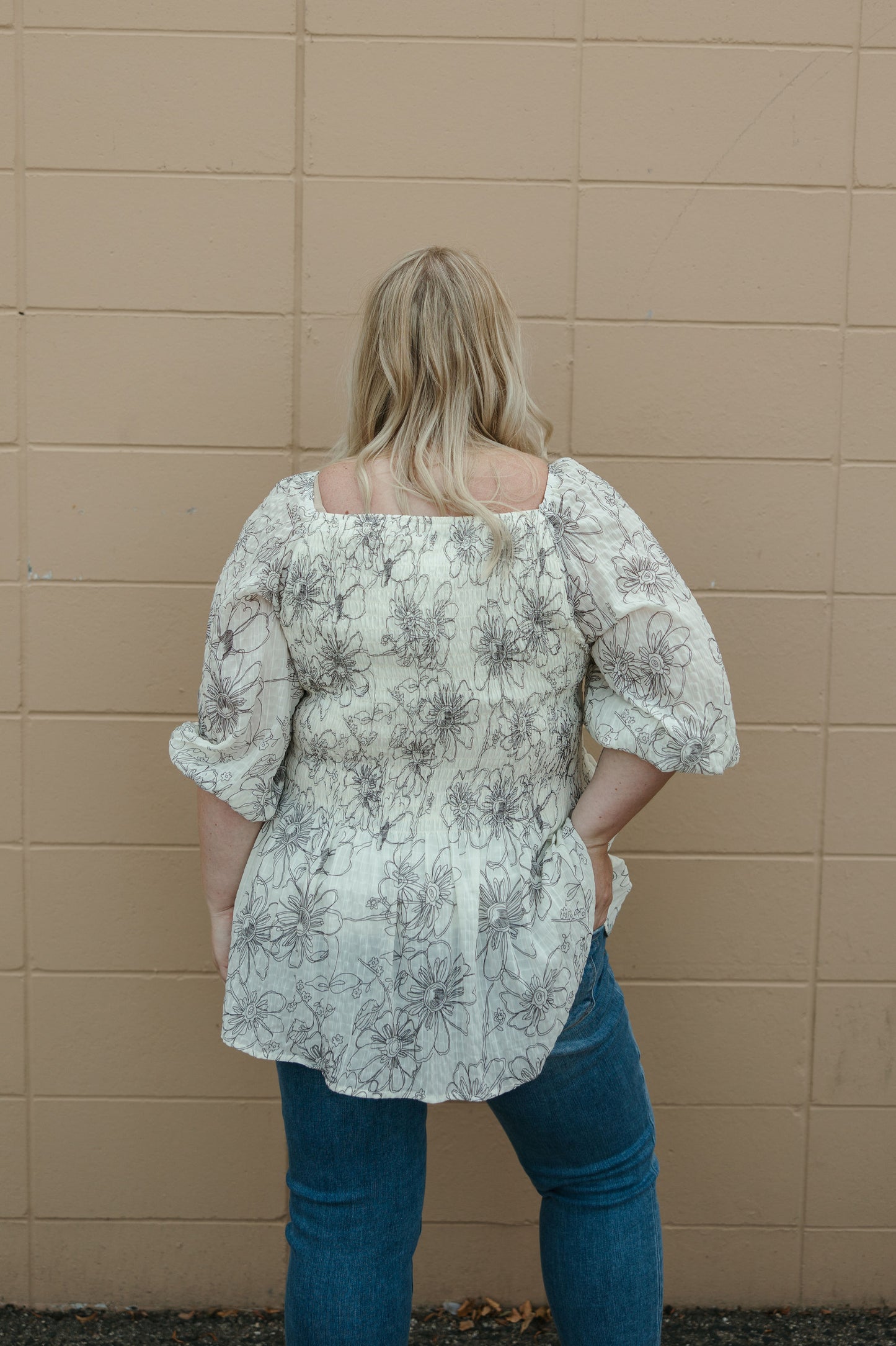 Grey Floral Smocked Top