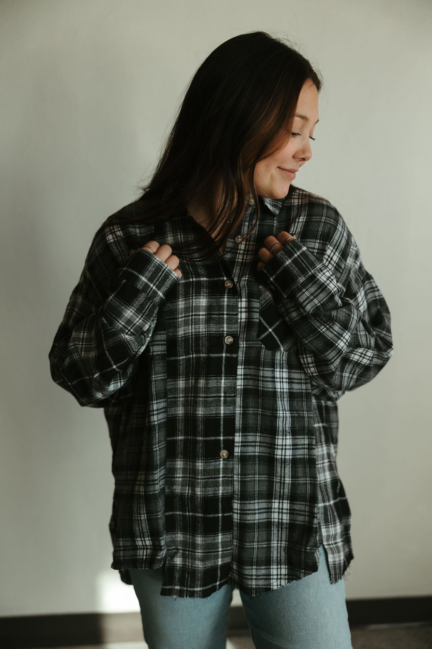 Black Raw Hem Flannel Shirt