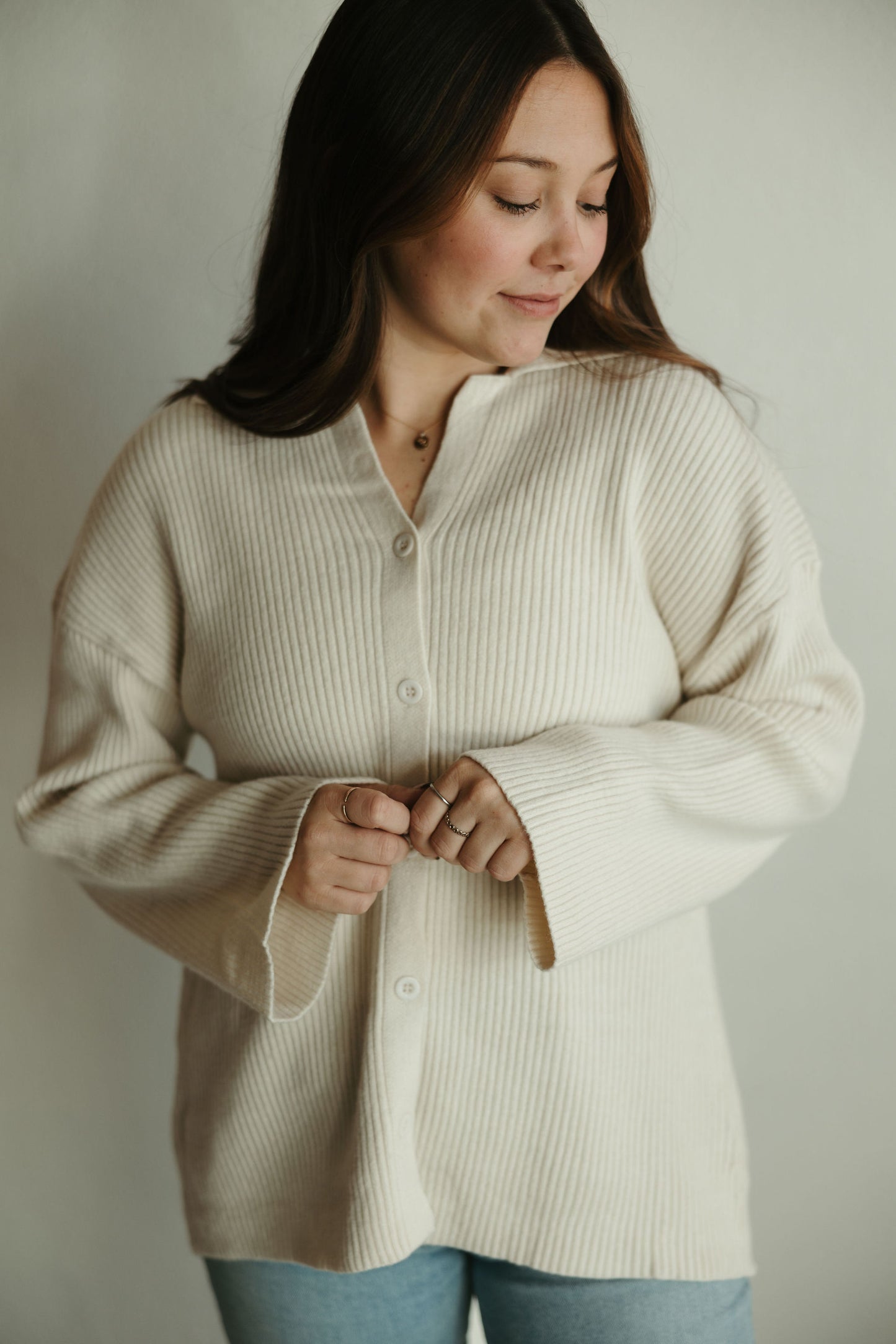 Cream Ribbed Knit Cardigan