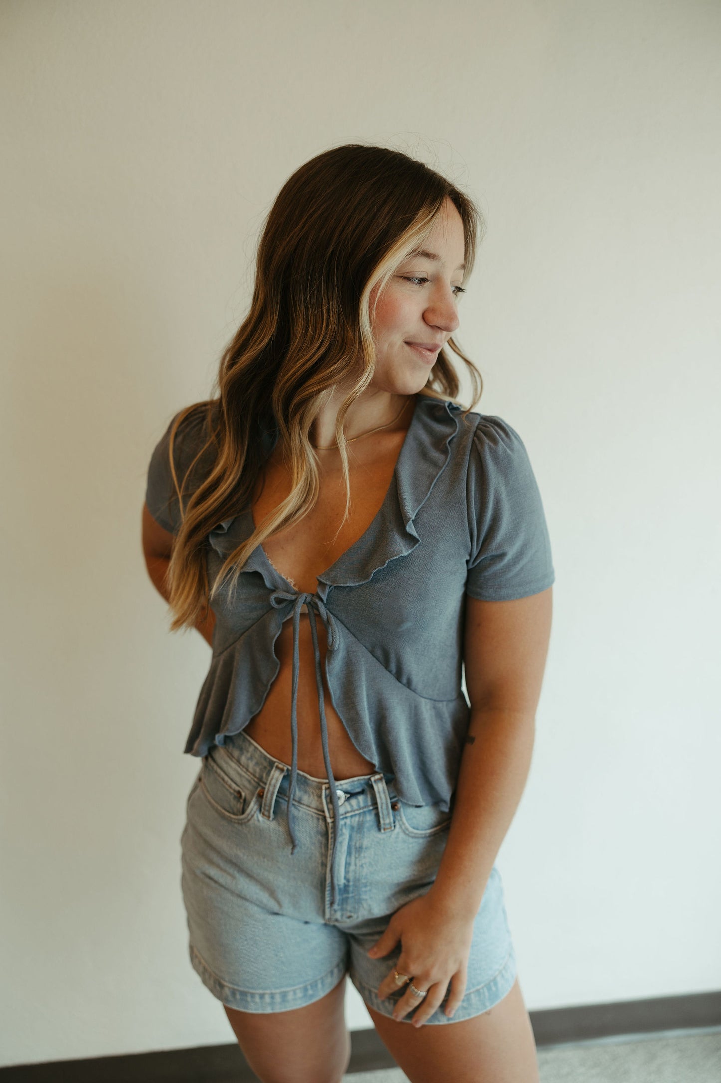 Ruffle Tie Blouse in Blue