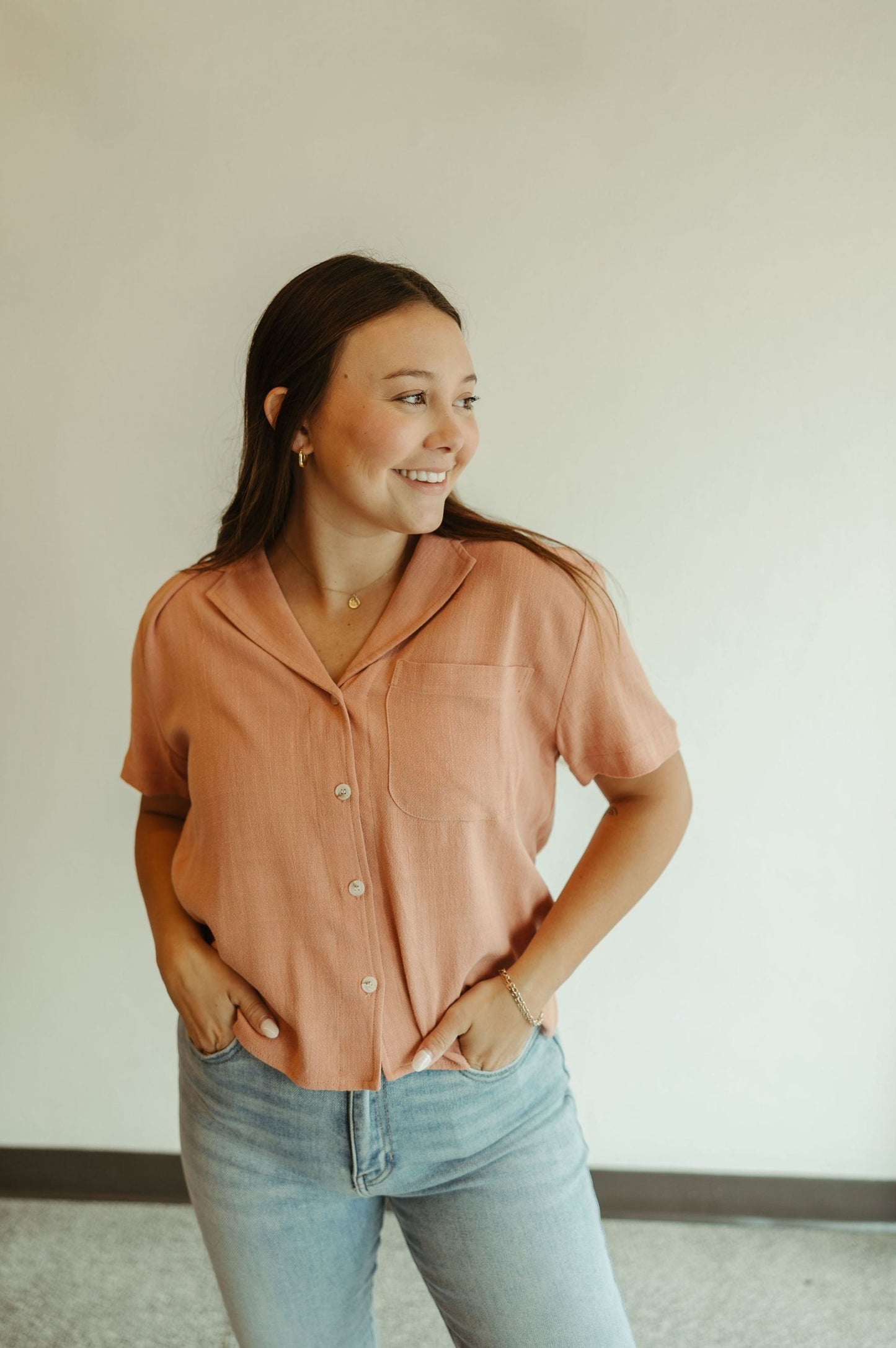 Dusty Peach Linen Button Down