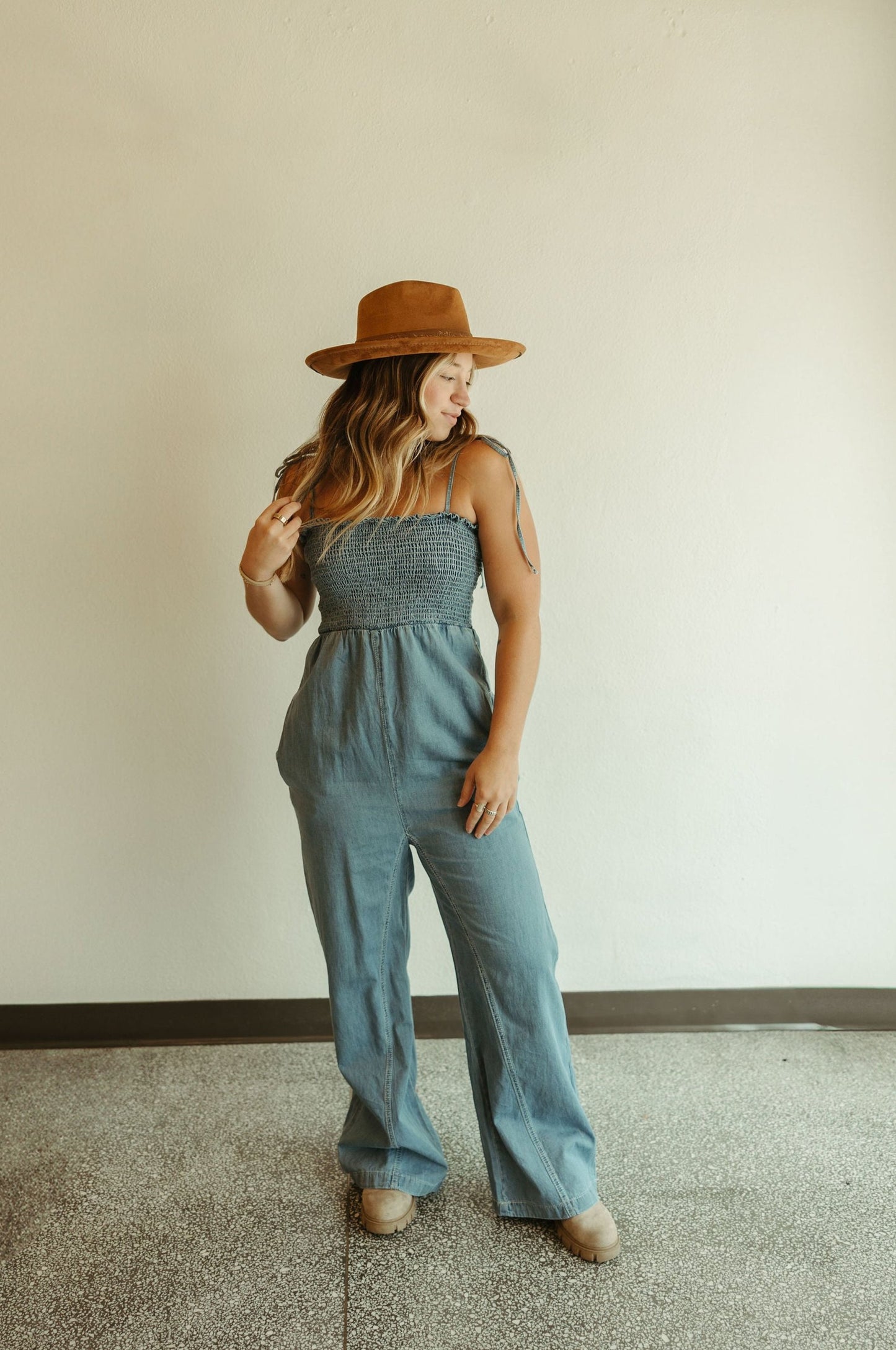 Smocked Denim Jumpsuit