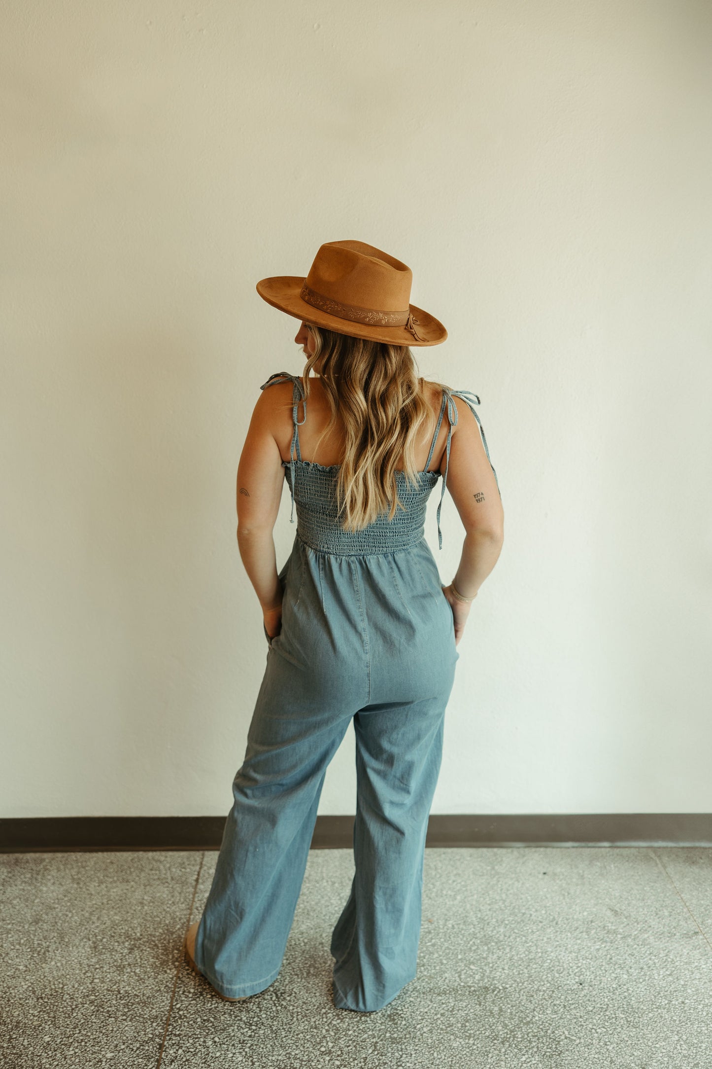 Smocked Denim Jumpsuit