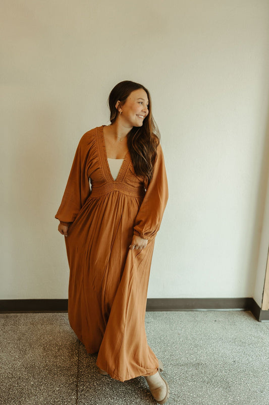 Plunge V Neck Maxi Dress in Camel