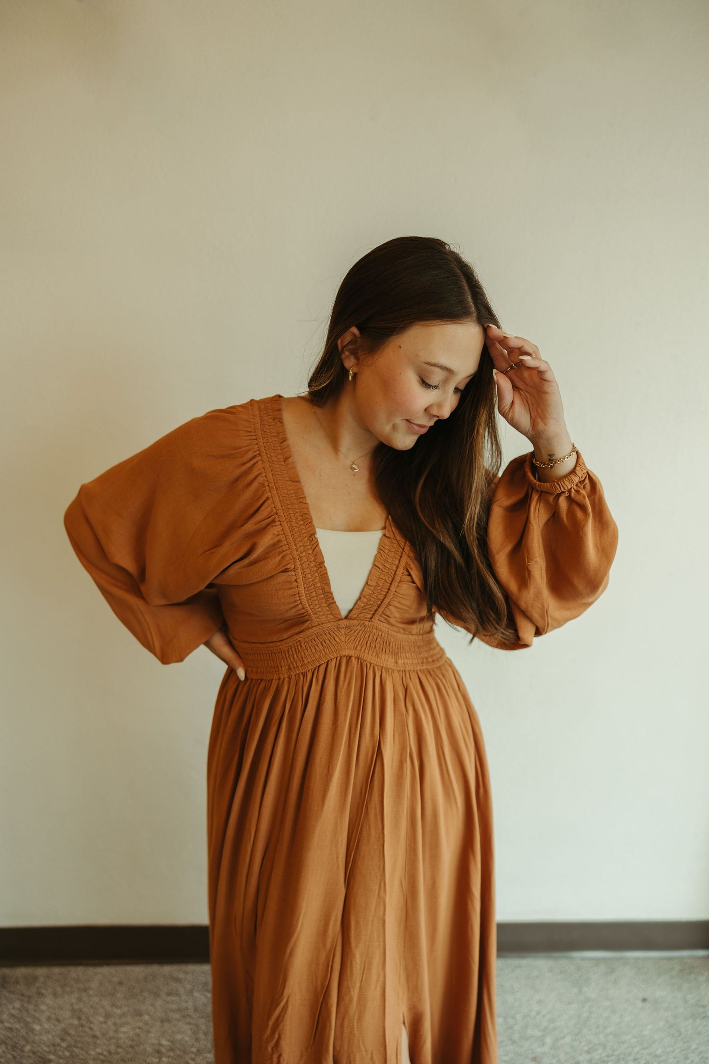 Plunge V Neck Maxi Dress in Camel