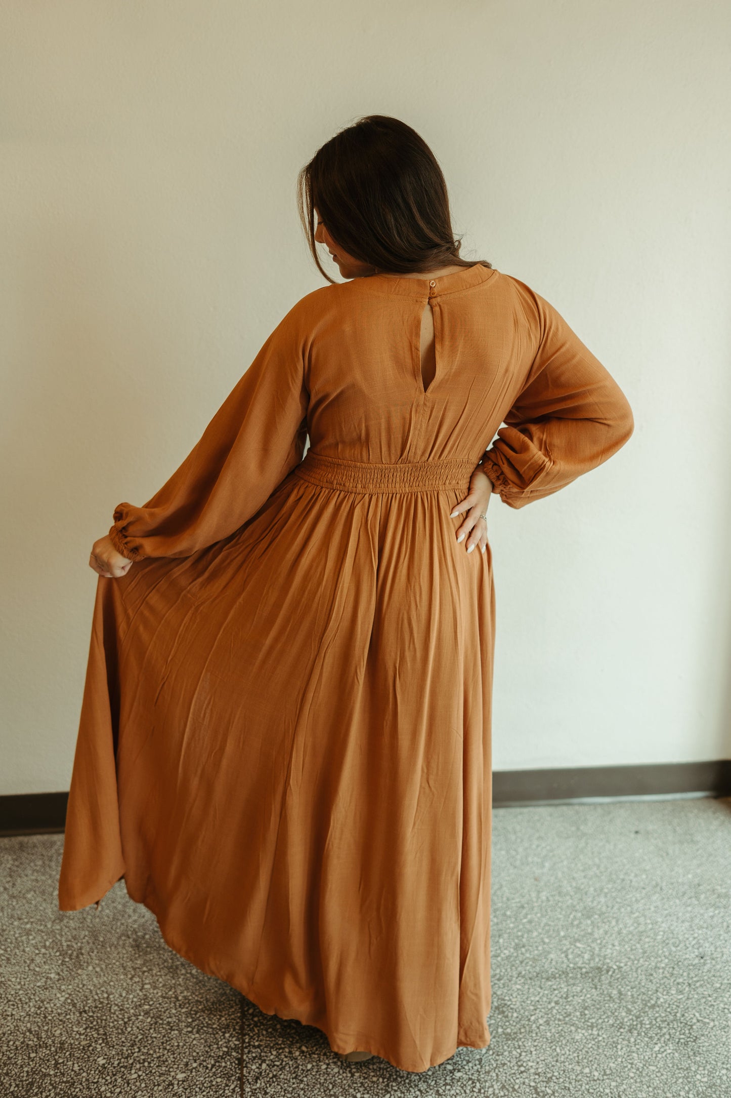 Plunge V Neck Maxi Dress in Camel