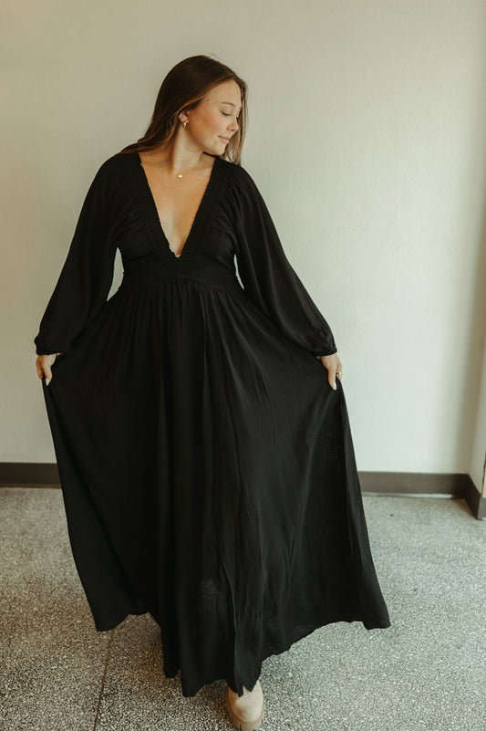 Plunge V Neck Maxi Dress in Black