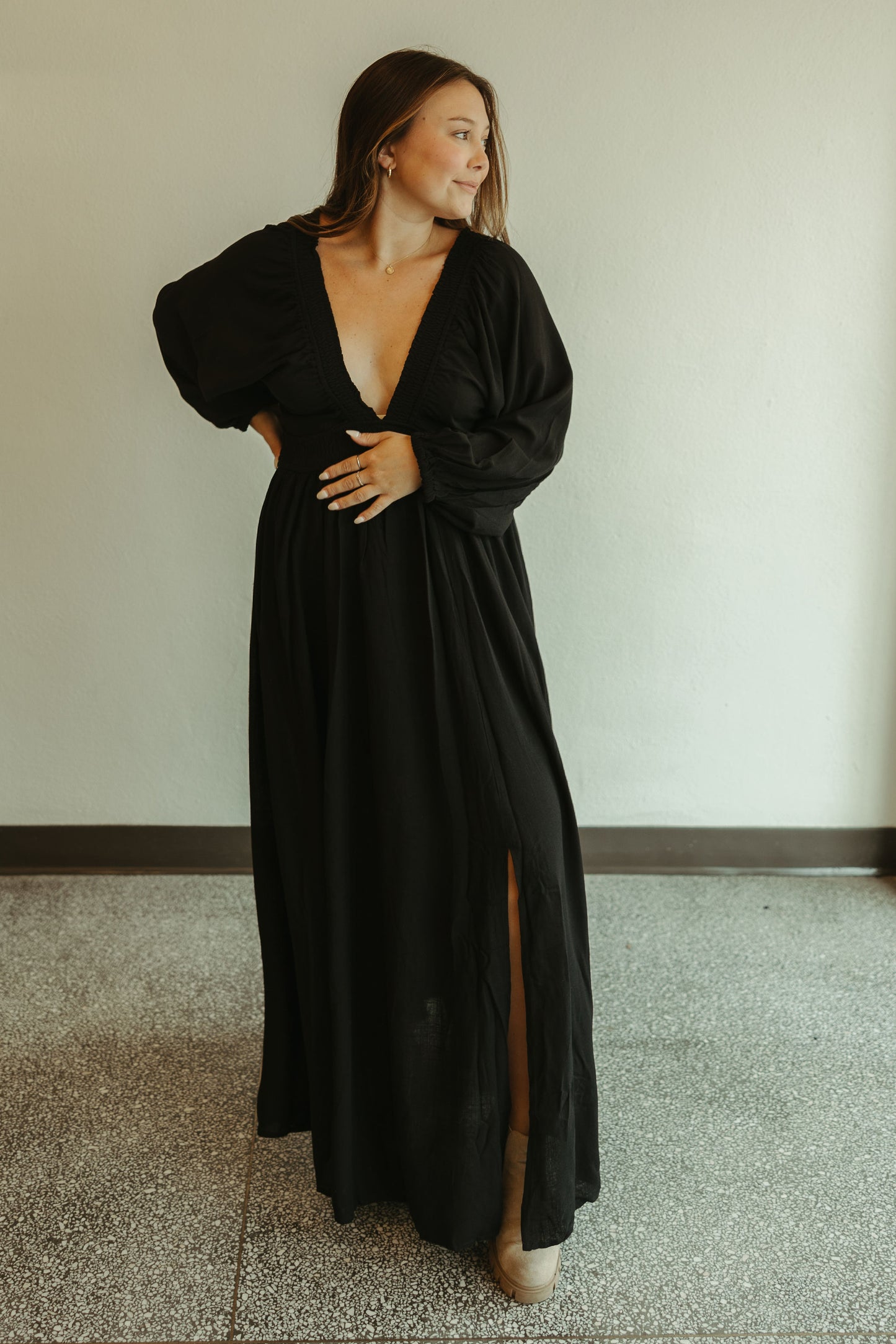 Plunge V Neck Maxi Dress in Black