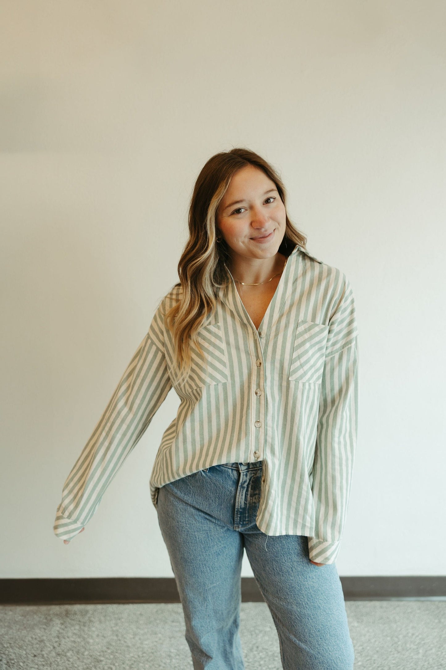 Sage Striped Button Down Shirt