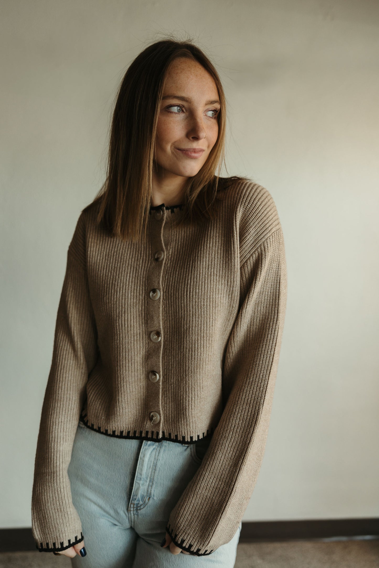 Taupe Button Down Cardigan Sweater