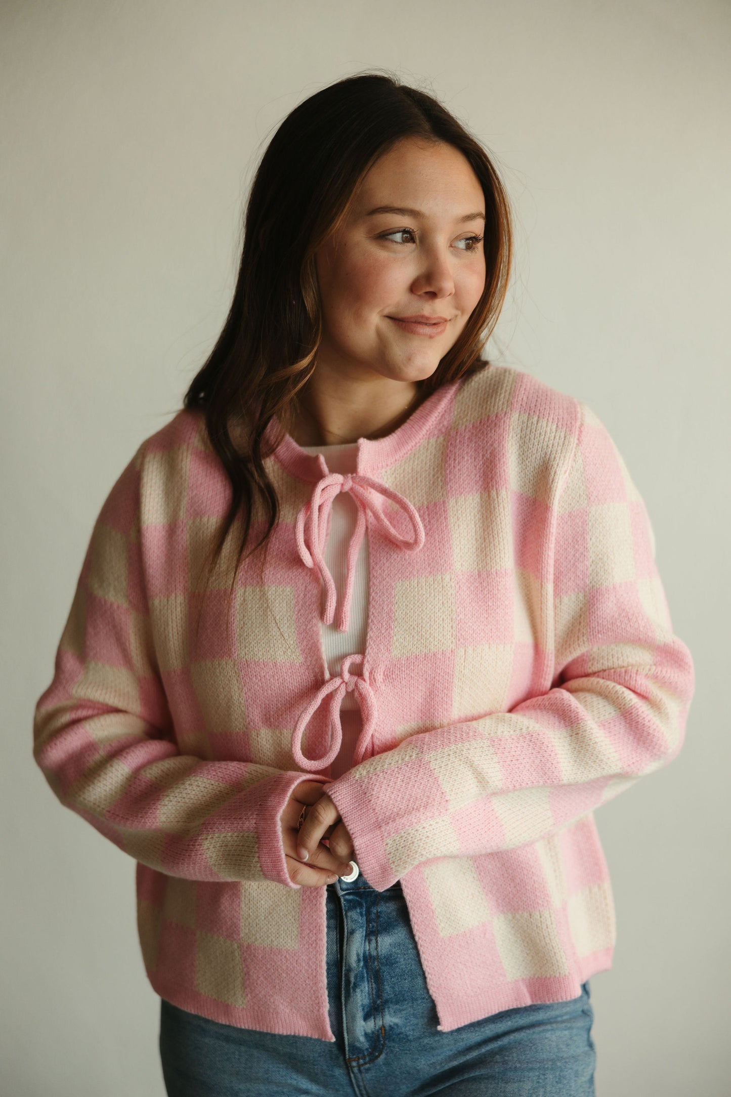 Pink Checkered Tie Front Cardigan