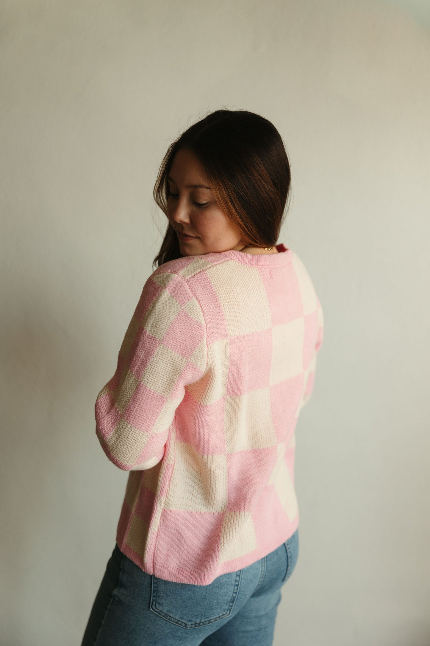 Pink Checkered Tie Front Cardigan