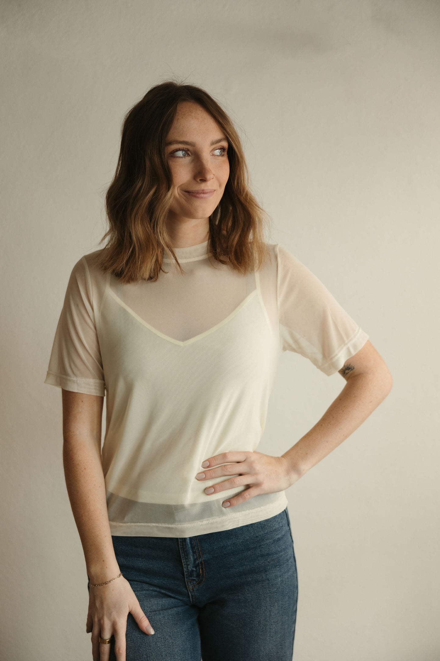 Cream Short Sleeve Mesh Top