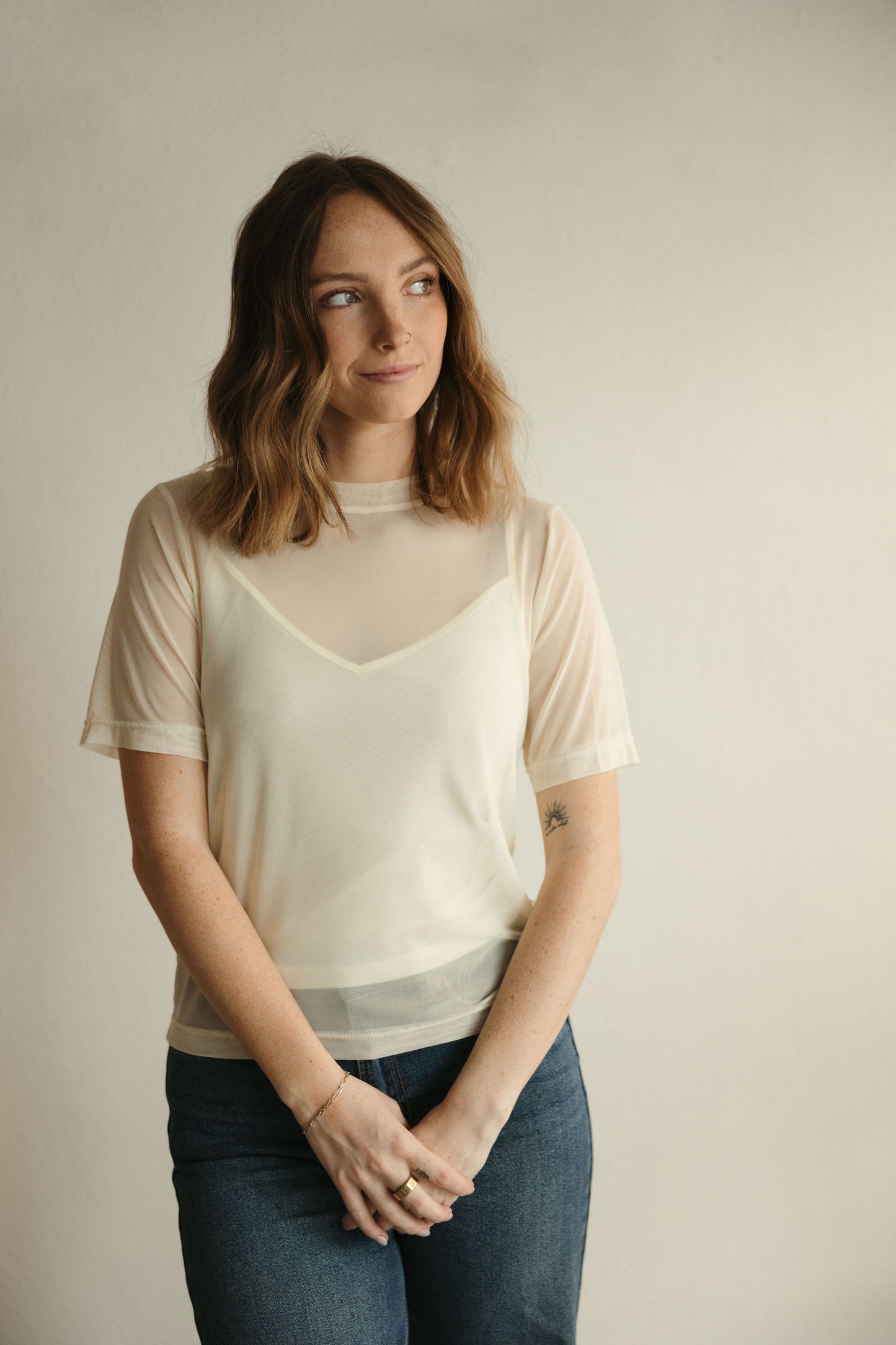 Cream Short Sleeve Mesh Top