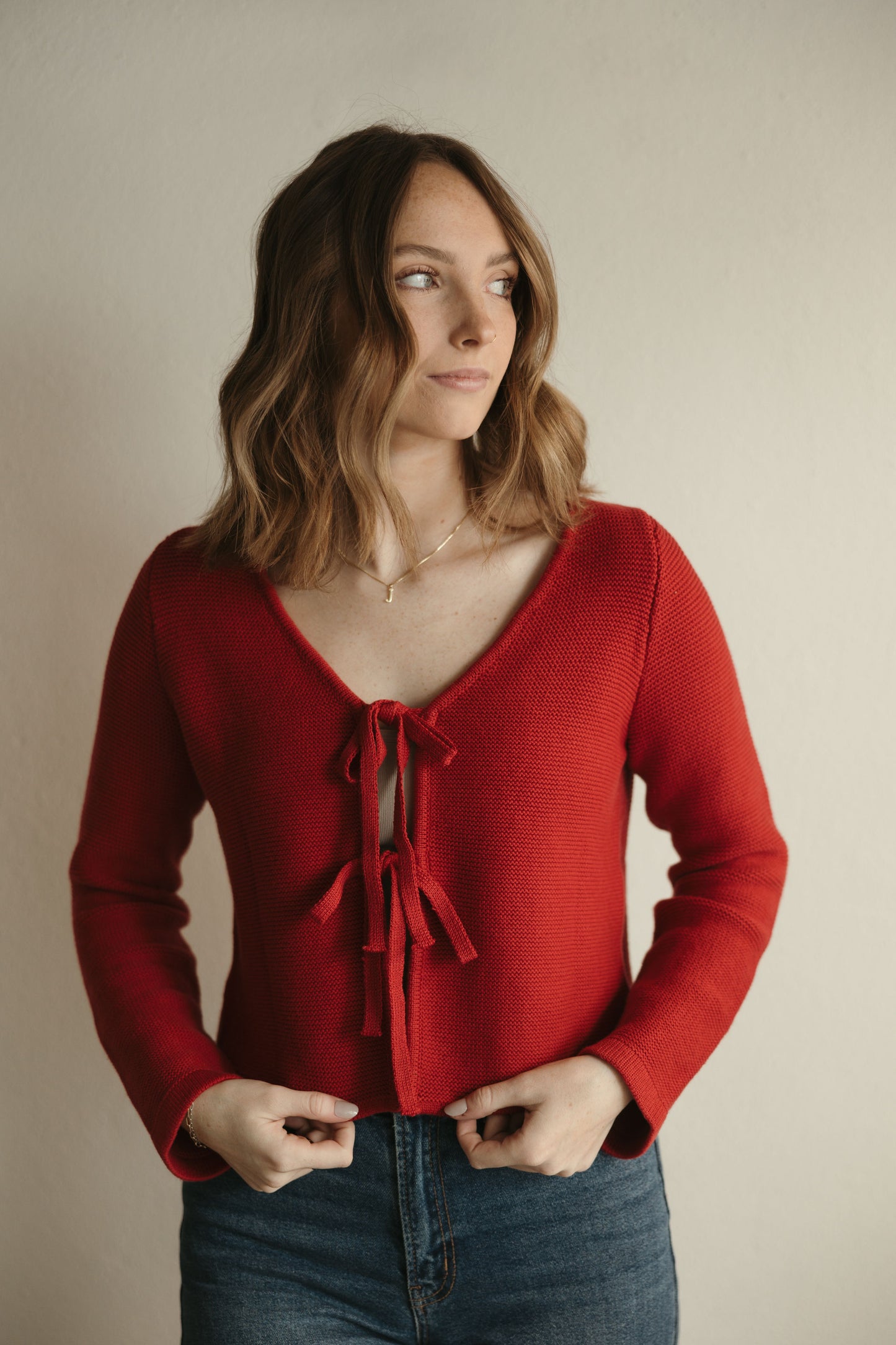 Red Knitted Tie Front Long Sleeve