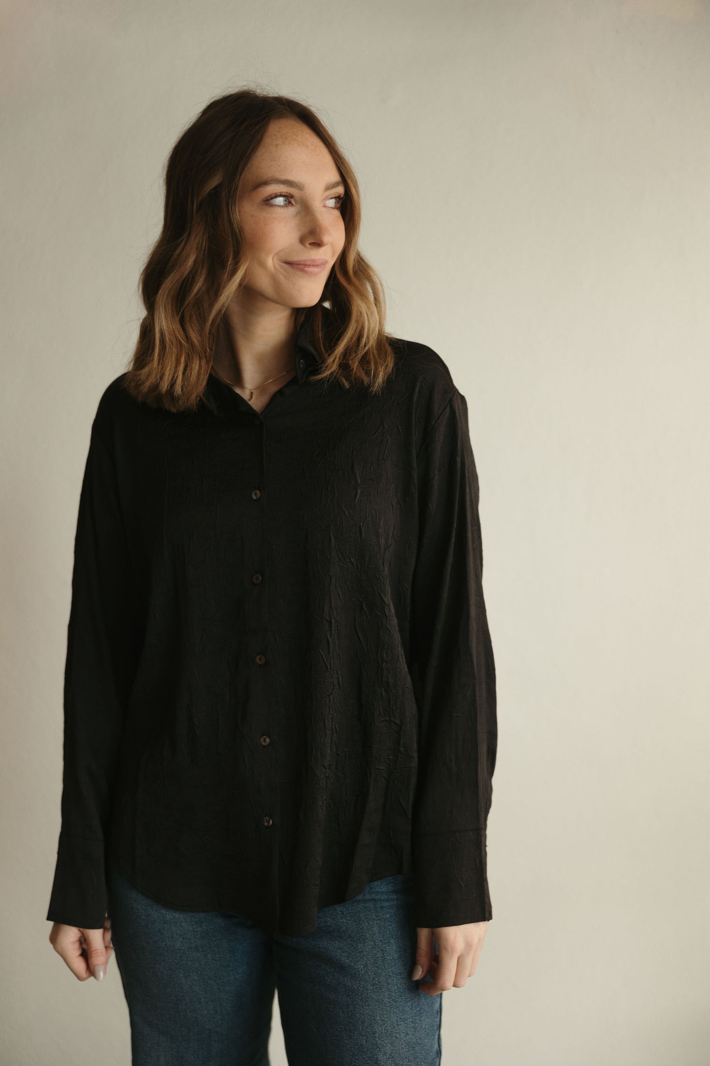 Black Crinkled Button Down