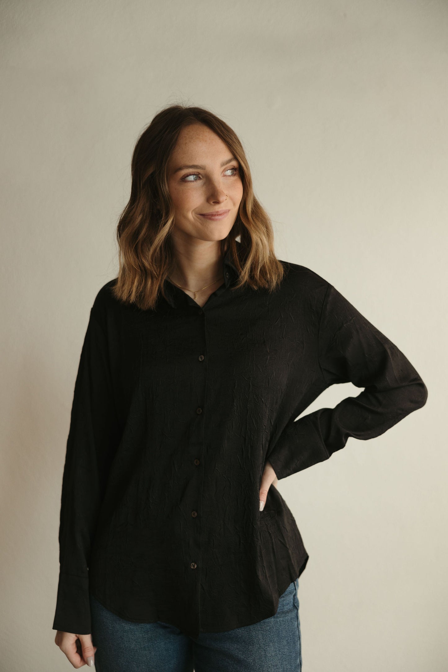 Black Crinkled Button Down