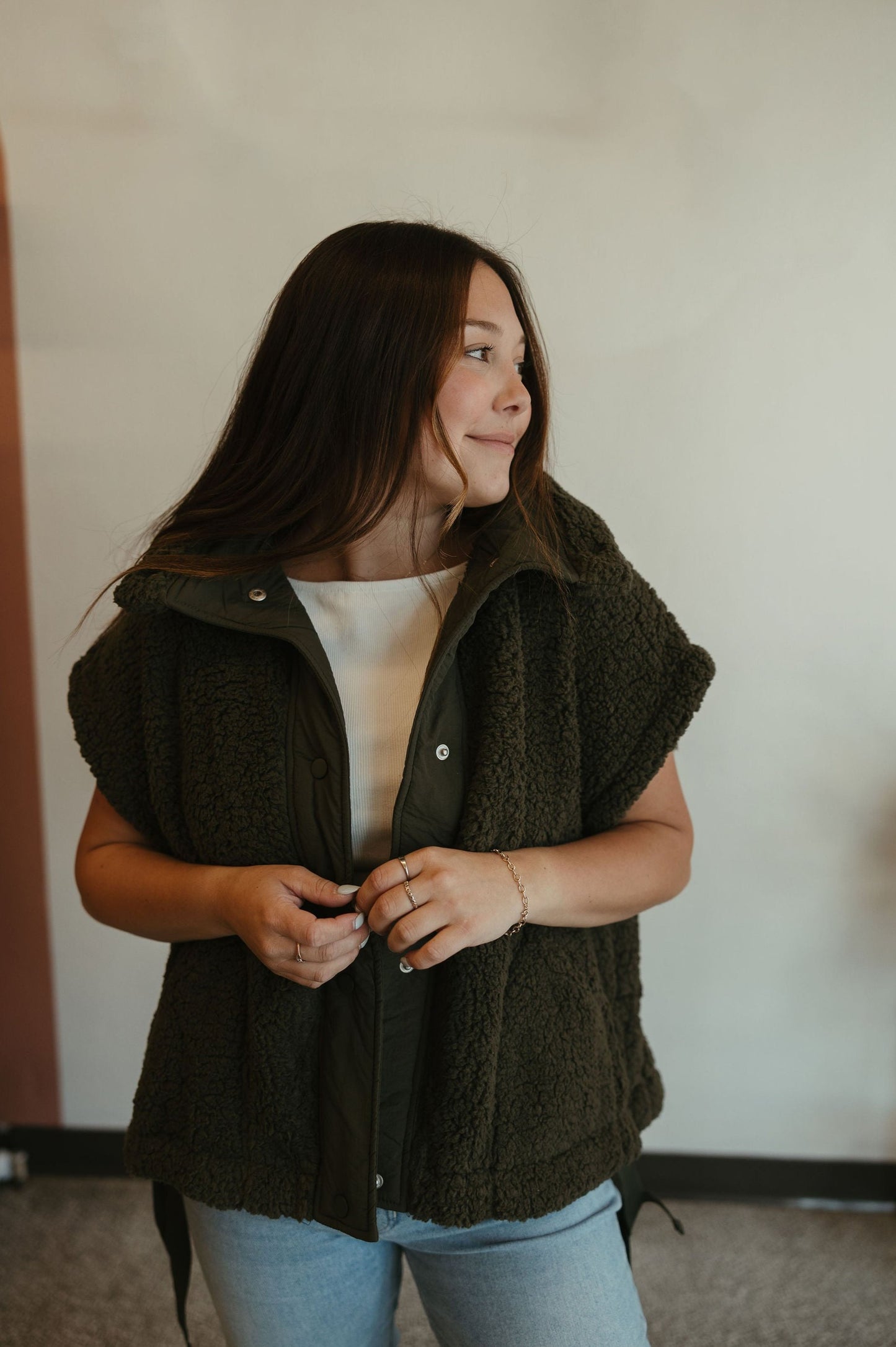 Olive Teddy Vest Jacket