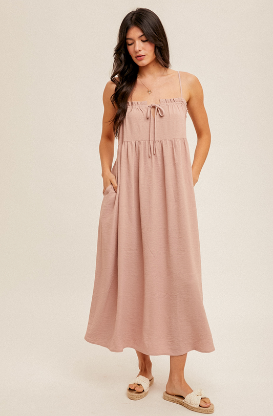 Ribbon Tie Ruffle Dress in Mauve