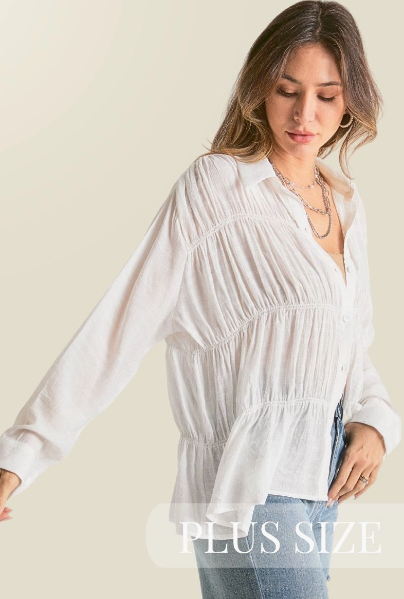 Plus Ruched Button Up Blouse