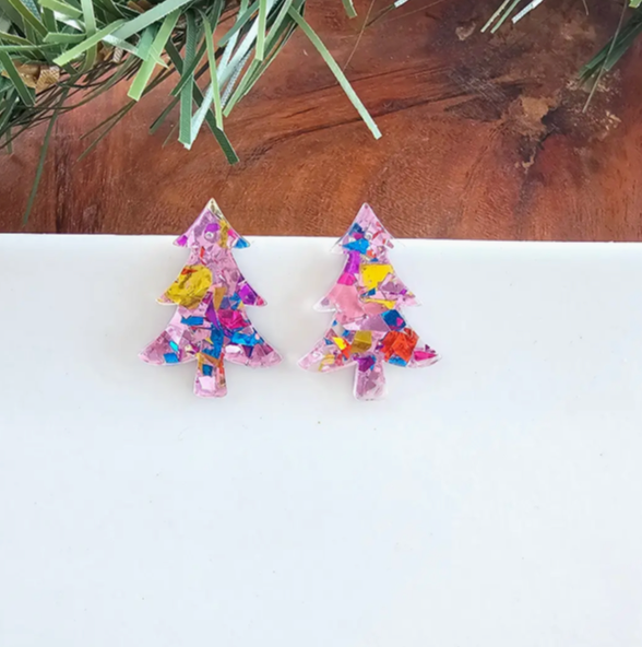 Pink Confetti Christmas Tree Earrings