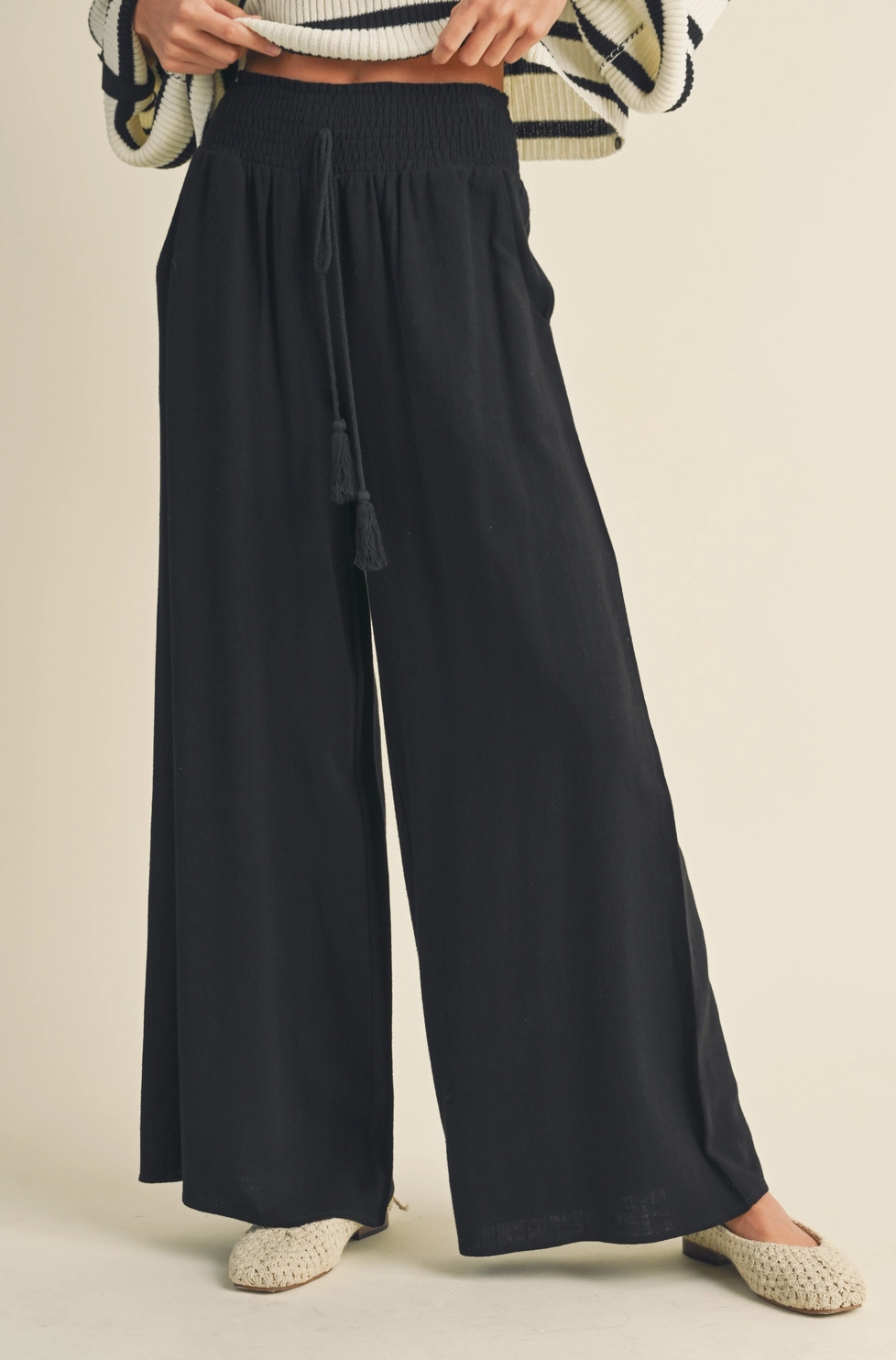 Black Smocked Waist Pants w Tassel