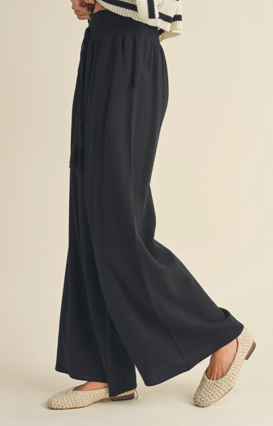 Black Smocked Waist Pants w Tassel