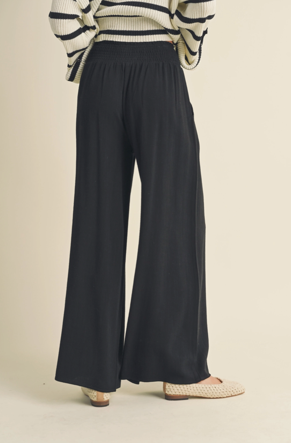 Black Smocked Waist Pants w Tassel