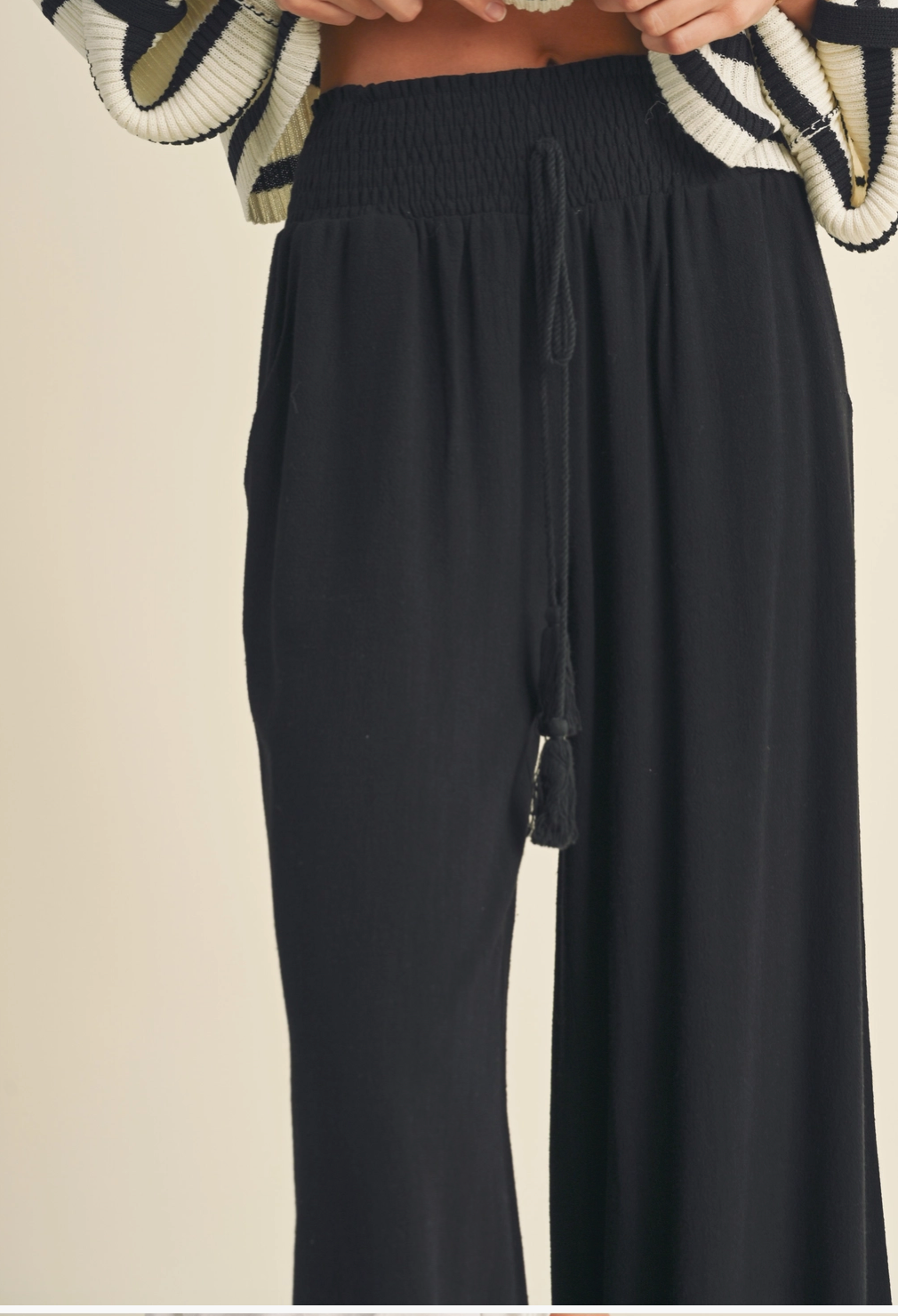 Black Smocked Waist Pants w Tassel